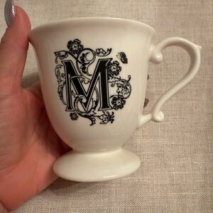 Anthropologie Mug Missus Monogram M White Black Letter Floral Footed 8oz Elegant